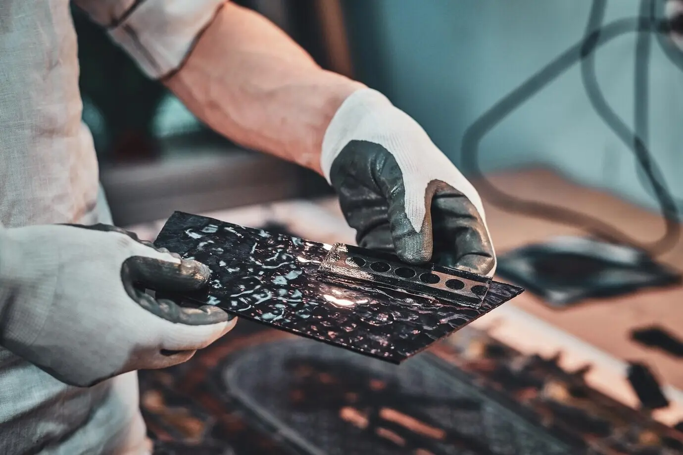 Ein Restaurator wählt das richtige Stück Buntglas für sein schönes Vintage-Projekt.